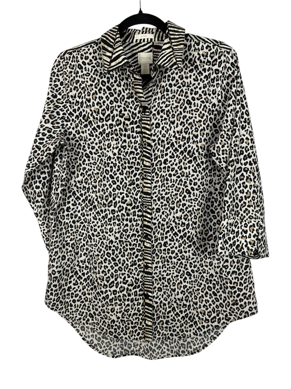 Chico's No-Iron Cotton Mixed Animal Print 3/4 Sleeves Button-Down Small Blouse